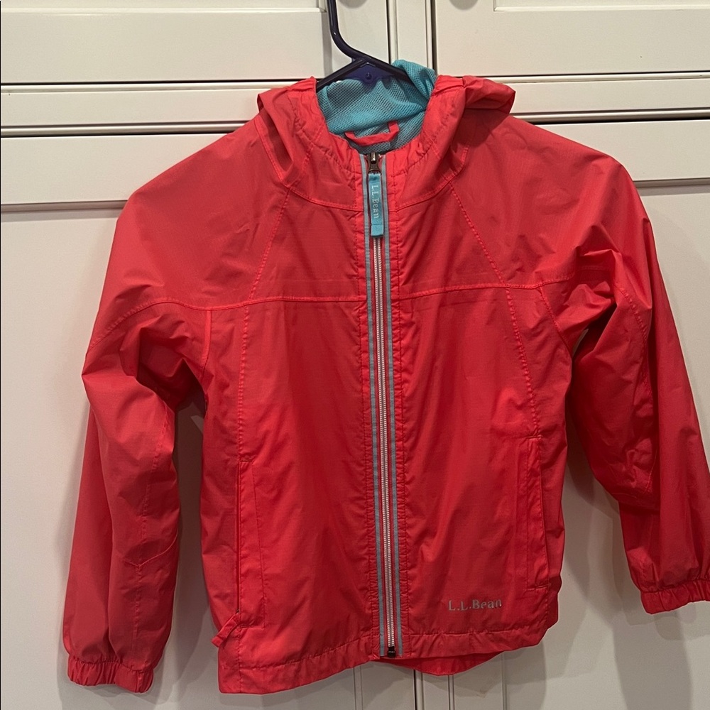 L.L. Bean Vibrant Salmon Red Rain Jacket with Teal Accents
